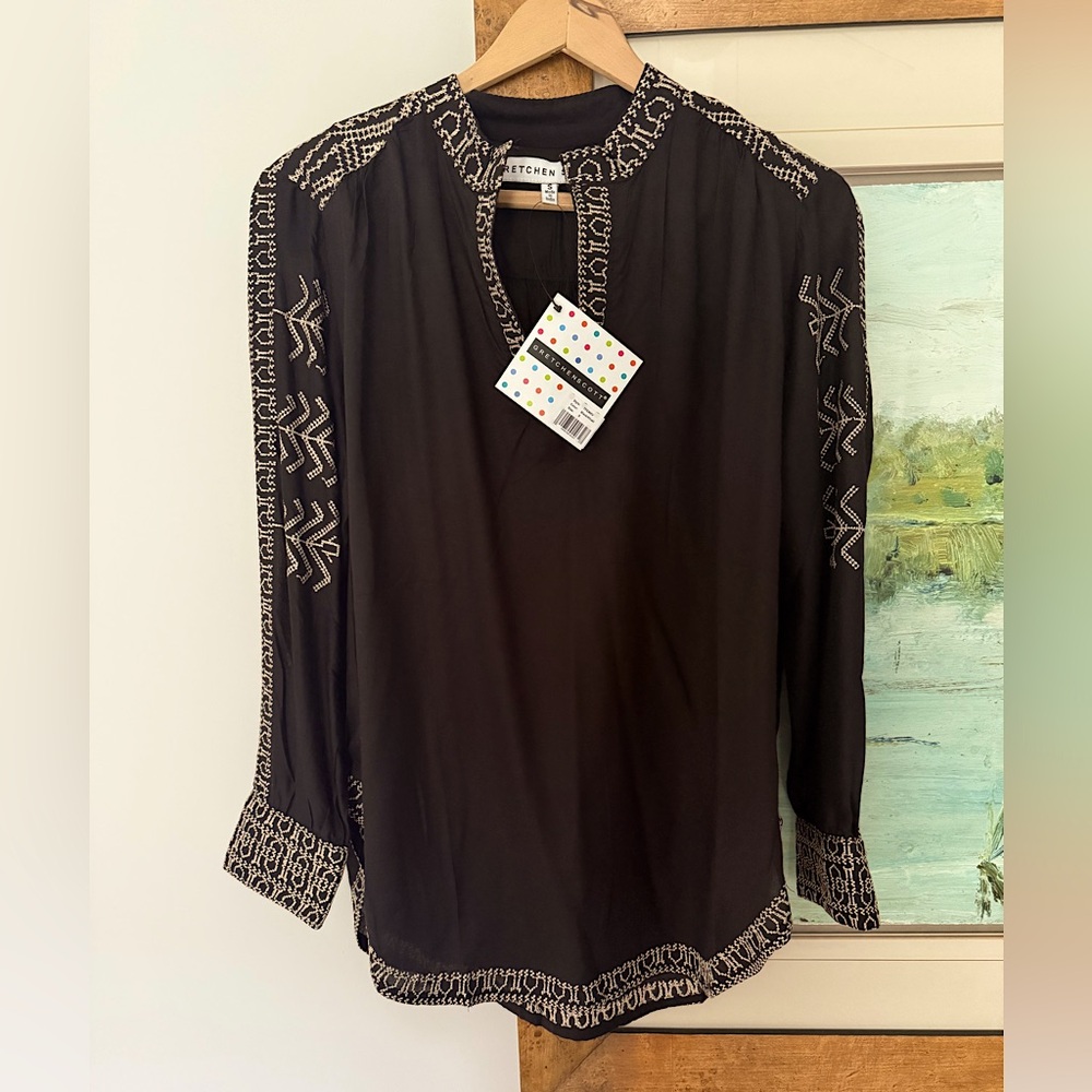 NWT Gretchen Scott Designs Black Tunic with tan embroidery.  Size S